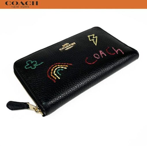 Ví Cầm Tay Coach C9104 Medium Id Zip Wallet W/Diary Embroidery in Pebble Leather Black 195031451416 Túi Xách Mỹ